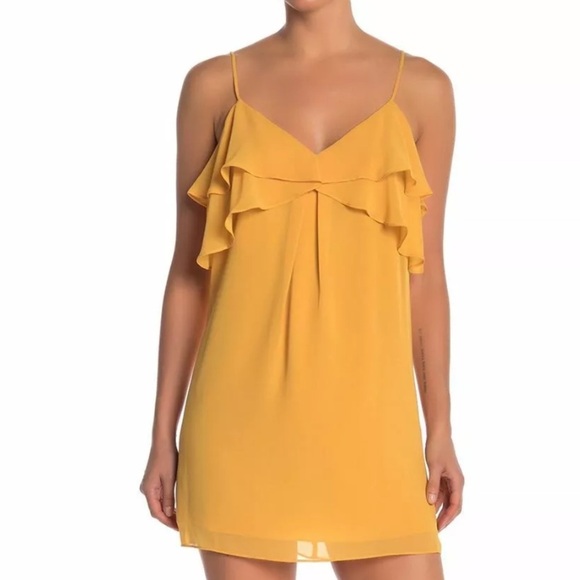 BCBGENERATION WOMEN'S YELLOW V-NECK RUFFLE PLEATED CAMI DRESS SIZE Small - Picture 1 of 9